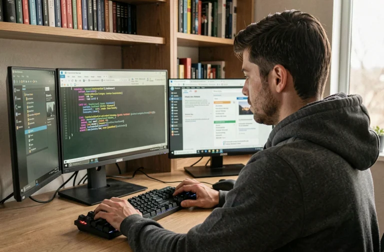 Développeur installant Tesseract OCR sur Windows via l'invite de commandes sur un PC de bureau