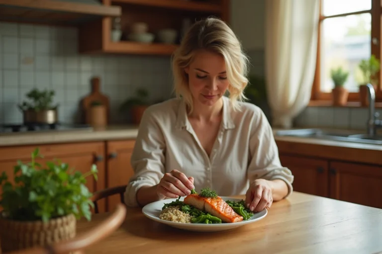 Femme préparant une assiette équilibrée avec du saumon, des légumes vapeur et du quinoa pour un dîner sain