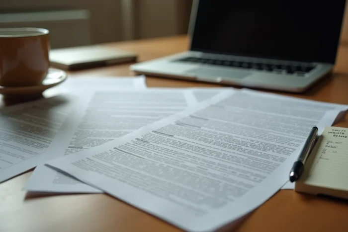Gros plan sur des documents d'enquête et un ordinateur portable posés sur un bureau en bois, illustrant les révélations de l'affaire Crunchyscans