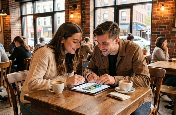 Deux personnes collaborant pour trouver des réponses en ligne sur une tablette dans un café urbain