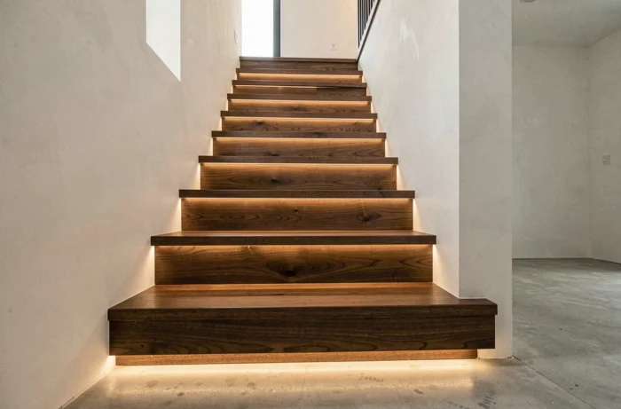 Éclairage LED encastré sous les nez de marche d'un escalier en noyer dans une maison contemporaine