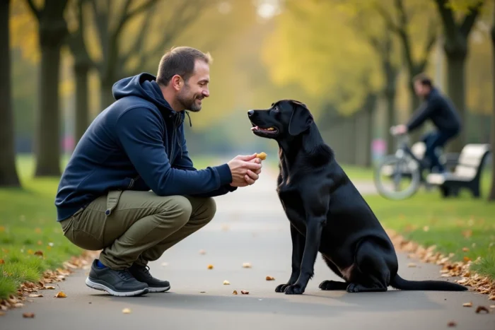 Homme entraînant son labrador noir dans un parc urbain avec des friandises, éducation et dressage du chien en extérieur
