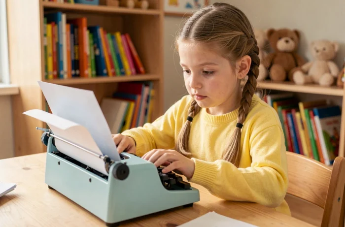 Fillette de 8 ans utilisant une machine à écrire pour enfants de couleur bleue pastel sur un bureau en bois dans une chambre cosy
