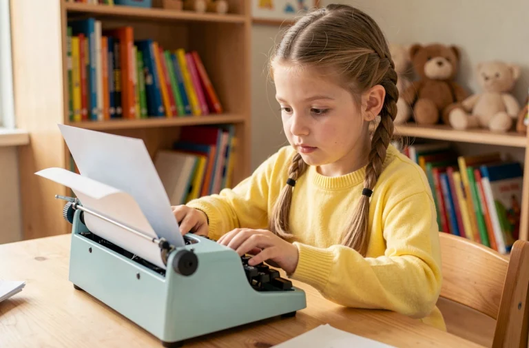 Fillette de 8 ans utilisant une machine à écrire pour enfants de couleur bleue pastel sur un bureau en bois dans une chambre cosy