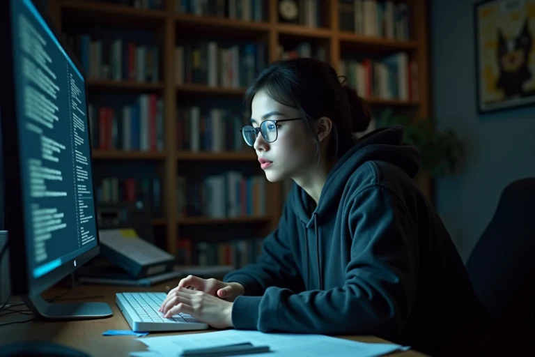 Jeune femme enquêtrice analysant des documents liés à l'affaire Crunchyscans sur un écran d'ordinateur dans un bureau encombré