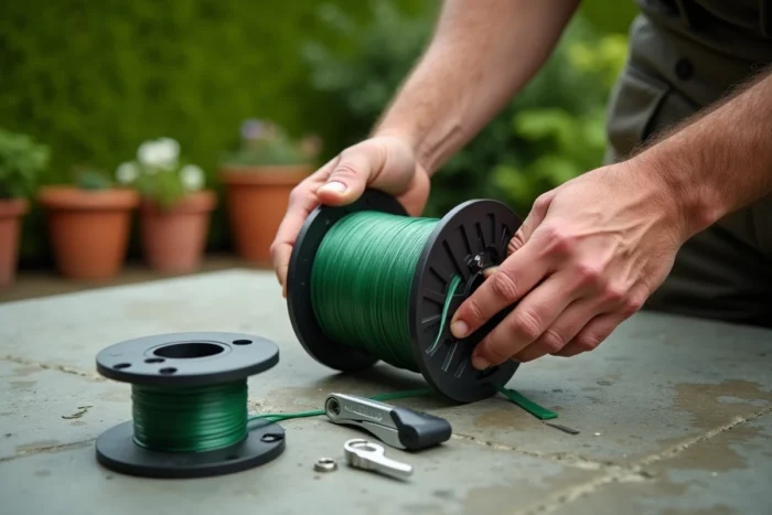 Gros plan sur des mains enroulant un nouveau fil nylon sur la bobine d'un coupe-bordure en terrasse