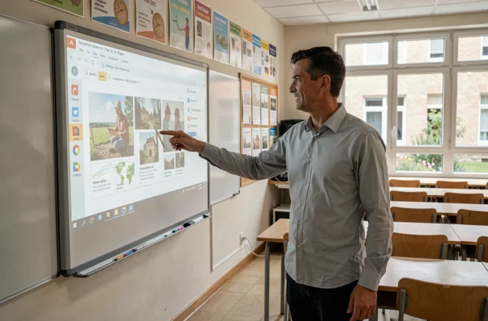 Enseignant africain présentant des ressources éducatives numériques dans une salle de classe