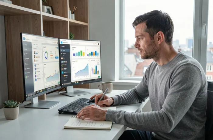 Entrepreneur analysant des indicateurs de performance marketing sur deux écrans dans un bureau épuré