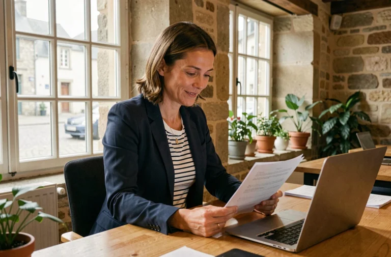 Entrepreneuse bretonne en blazer marine travaillant dans un espace de coworking aux murs en pierre à Rennes