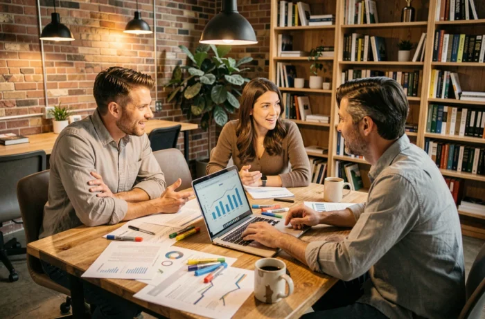 Équipe marketing collaborant autour de rapports d'analyse et d'un ordinateur portable dans un espace de coworking