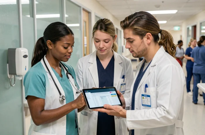 Équipe soignante pluridisciplinaire collaborant sur une solution de gestion de patients dans un couloir hospitalier