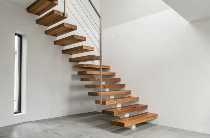 Escalier suspendu avec marches flottantes en bois massif dans une maison minimaliste contemporaine
