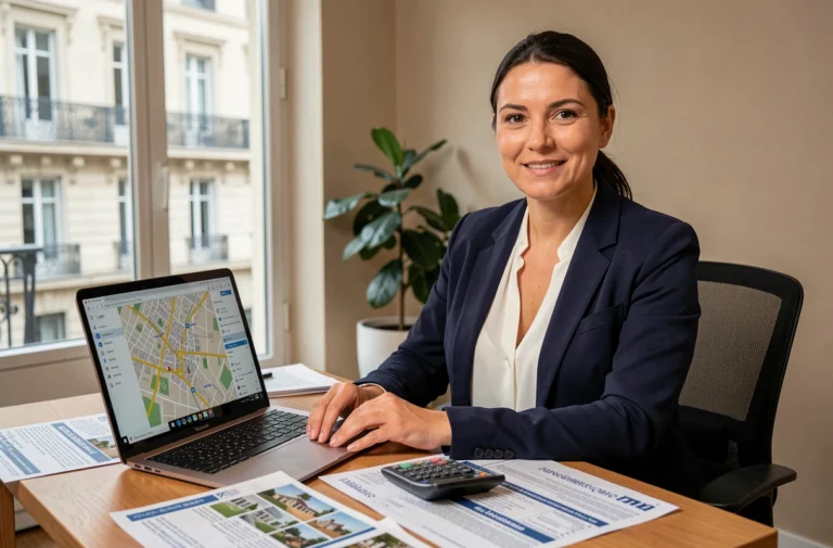 Agente immobilière estimant un loyer à Lyon dans une agence moderne avec carte du quartier sur écran
