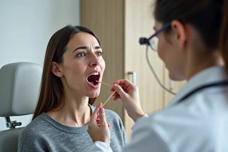 Médecin examinant la gorge d'une patiente avec un abaisse-langue dans un cabinet médical
