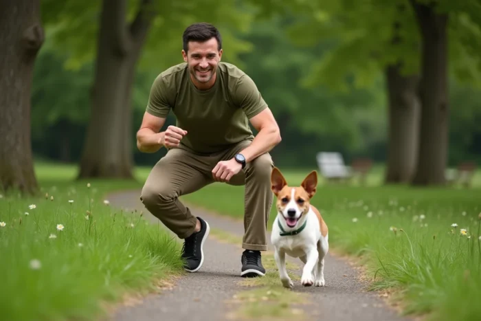 Homme jouant avec son Jack Russell terrier en plein air dans un parc verdoyant pour la santé et le bien-être de l'animal