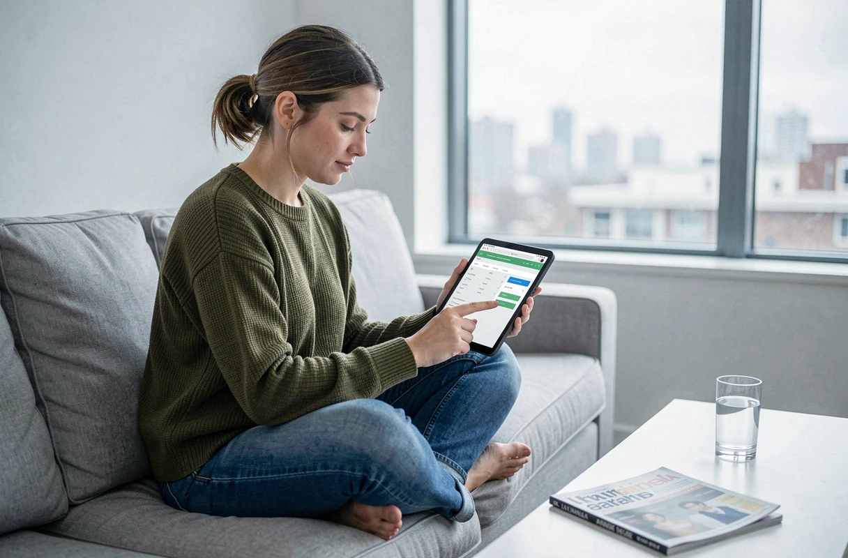 Jeune femme explorant le plan du site Guide Finance sur une tablette dans son salon