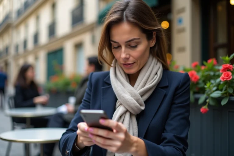 Femme française lisant les actualités sur son smartphone en terrasse de café à Paris