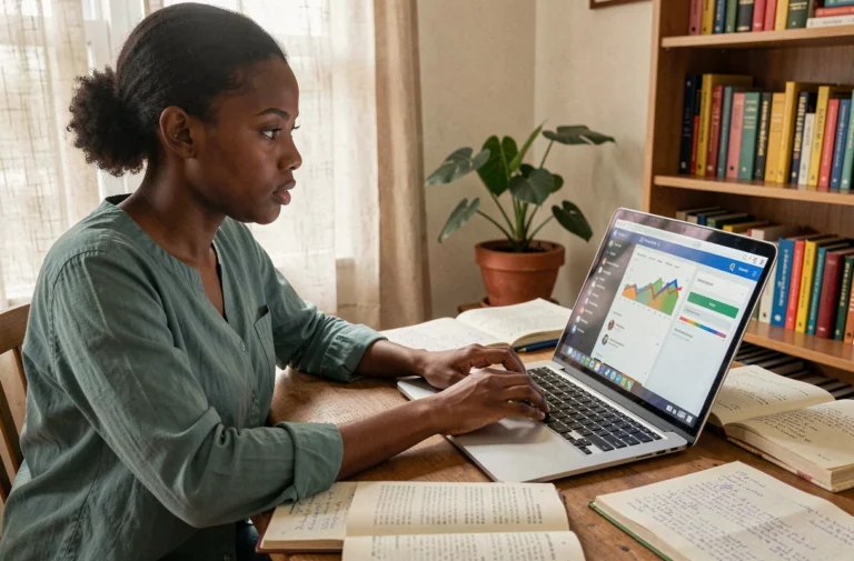 Jeune femme africaine étudiant sur une plateforme éducative en ligne à son bureau à domicile