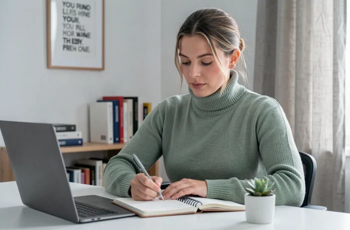 Jeune femme concentrée et ambitieuse écrivant dans un agenda à son bureau minimaliste dans un bureau à domicile moderne