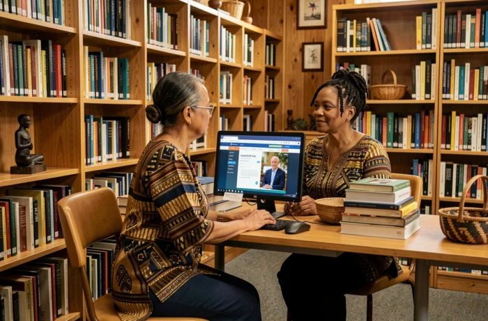 Femme africaine d'âge mûr accédant à des ressources éducatives en ligne dans une bibliothèque communautaire