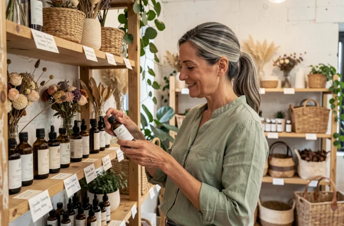 Femme mature découvrant des produits de beauté naturels dans une boutique bio artisanale