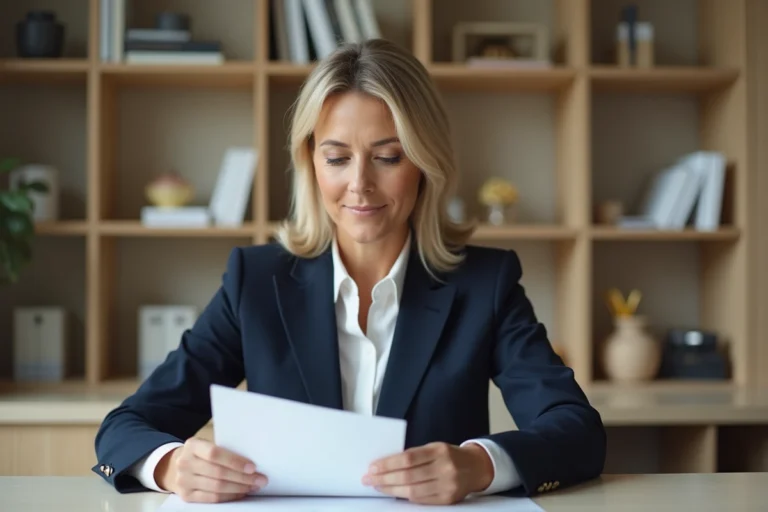 Femme professionnelle lisant un contrat IAD à son bureau pour procéder à une rupture de contrat