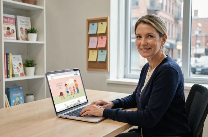 Femme professionnelle consultant le site Douceur Enfance sur un ordinateur portable dans un bureau lumineux et organisé