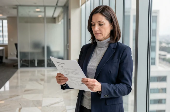 Femme cadre relisant attentivement son CV dans un couloir de bureau moderne afin d'optimiser sa candidature professionnelle