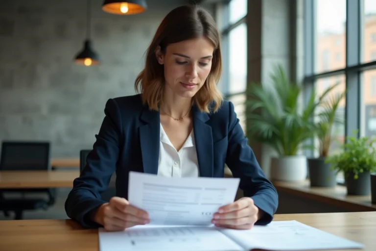 Femme professionnelle consultant des documents de calcul de rémunération en portage salarial dans un espace de coworking moderne