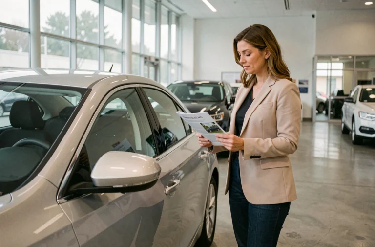 Femme examinant une voiture dans un showroom automobile moderne pour choisir le modèle idéal selon son budget