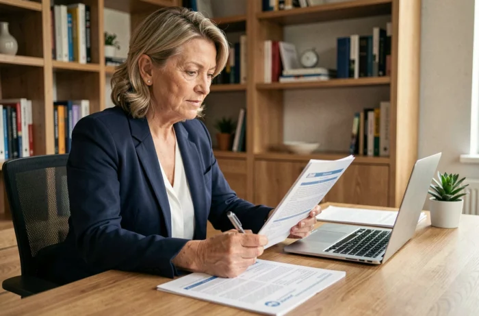 Femme en blazer marine qui compare des contrats d'assurance emprunteur à son bureau à domicile
