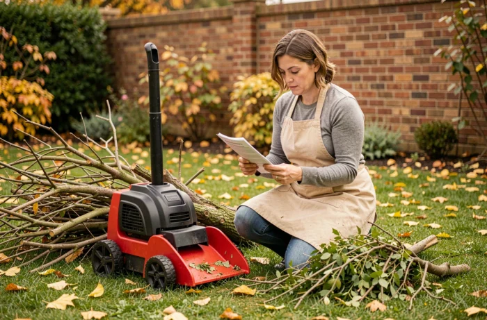 Femme consultant le manuel d'un broyeur de végétaux dans un jardin en automne