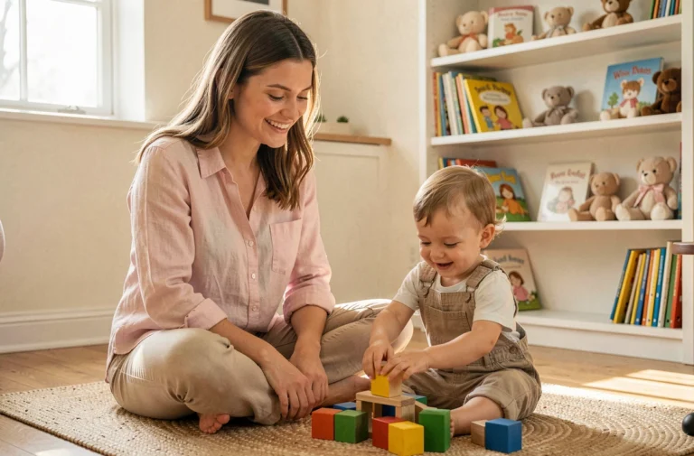 Jeune femme et tout-petit jouant avec des blocs en bois dans un salon chaleureux et apaisant, illustrant le site Douceur Enfance