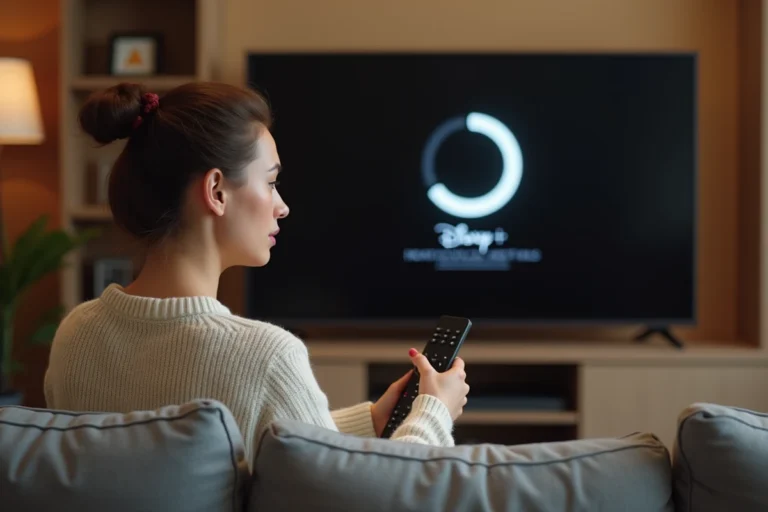 Femme frustrée devant un écran Disney Plus en panne avec une roue de chargement