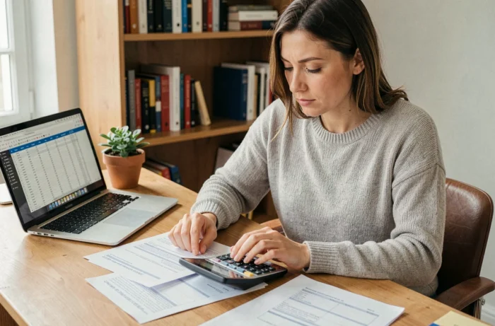 Femme consultant des fiches budgétaires sur un bureau en bois dans un bureau à domicile organisé