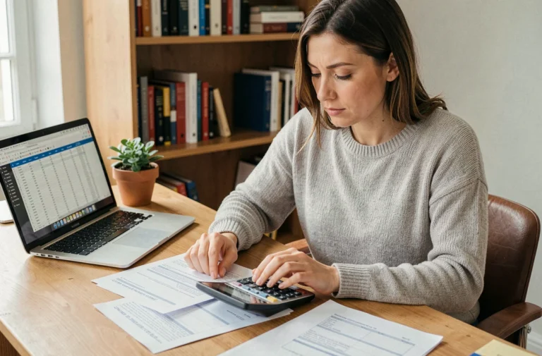 Femme consultant des fiches budgétaires sur un bureau en bois dans un bureau à domicile organisé