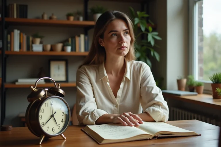 Femme contemplative observant une horloge analogique affichant 15h05 à côté d'un journal de numérologie sur un bureau en bois