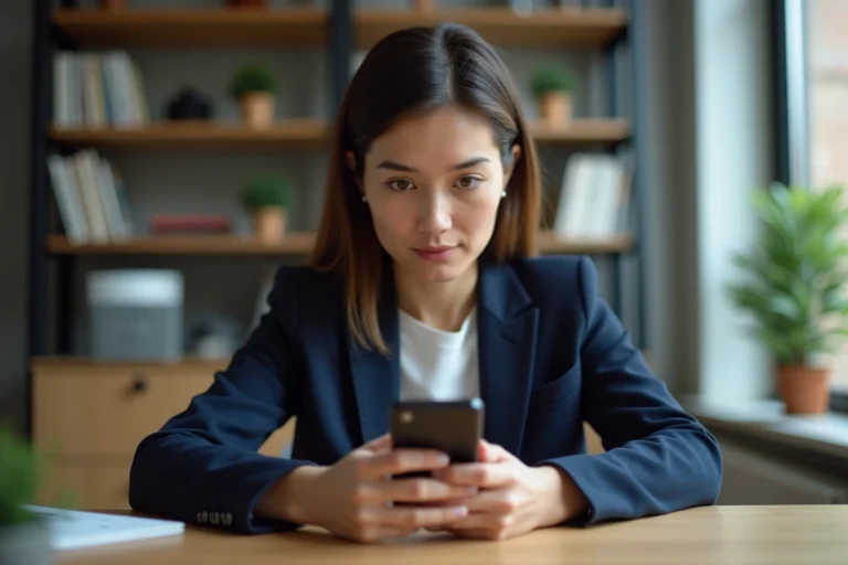 Femme consultant son smartphone pour identifier un numéro +33 806 inconnu depuis son bureau à domicile