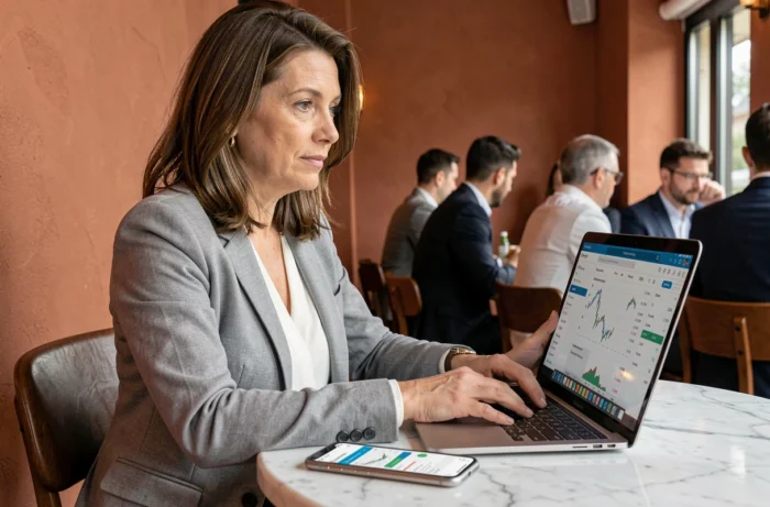 Femme investissant en bourse depuis un café avec un ordinateur portable et une application financière sur smartphone