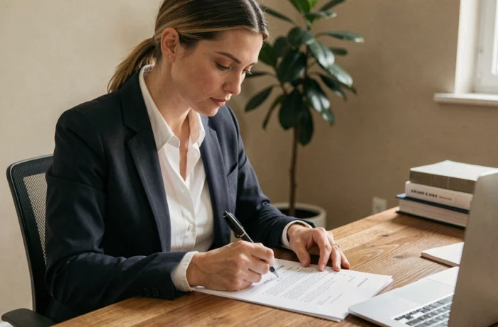 Femme professionnelle révisant et annotant son CV à son bureau à domicile pour optimiser sa recherche d'emploi en 2024