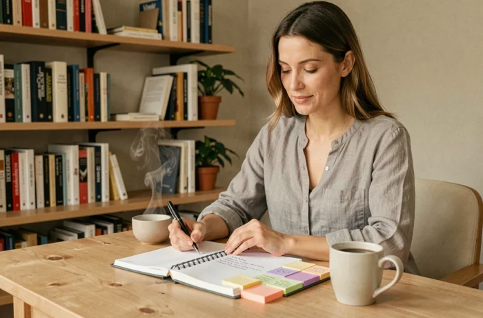 Femme organisée consultant son agenda papier à son bureau à domicile, entouré de notes colorées et d'un café, pour simplifier son quotidien