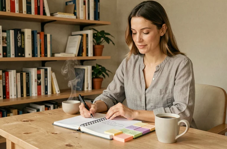 Femme organisée consultant son agenda papier à son bureau à domicile, entouré de notes colorées et d'un café, pour simplifier son quotidien