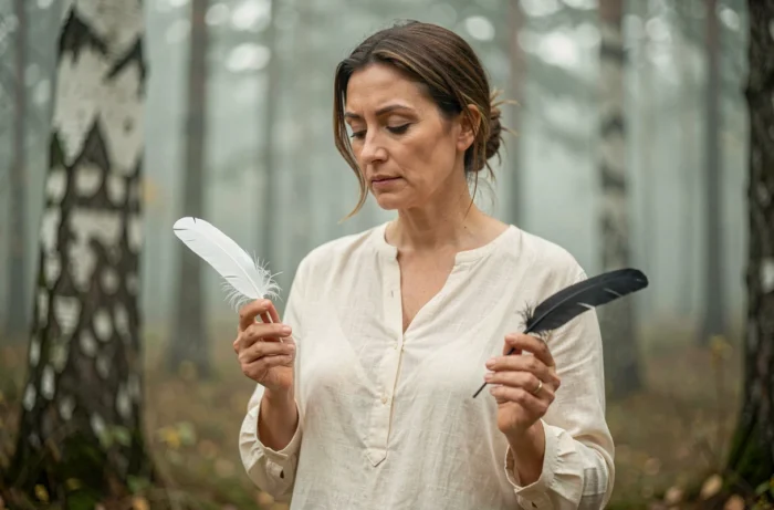 Femme tenant une plume blanche et une plume noire dans une forêt brumeuse en automne, symbole de dualité et d'équilibre