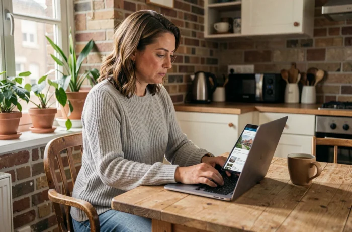 Femme parcourant des annonces immobilières belges sur un ordinateur portable dans un appartement cosy