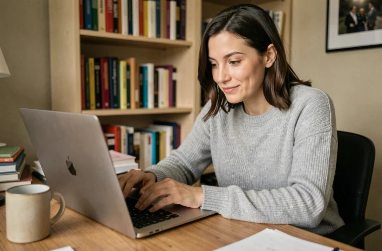 Femme cherchant des réponses en ligne sur un ordinateur portable dans un bureau à domicile confortable