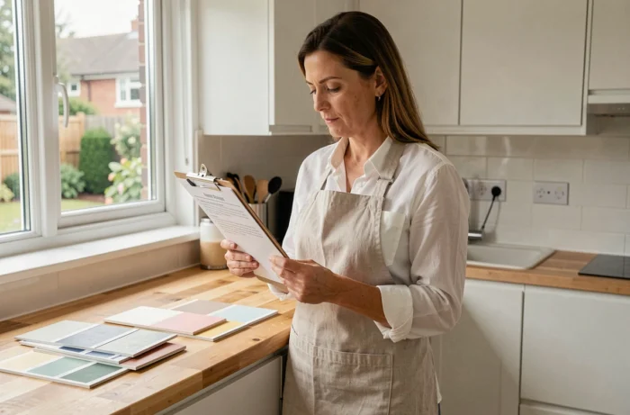 Femme consultant une liste de rénovation dans une cuisine moderne avec échantillons de matériaux