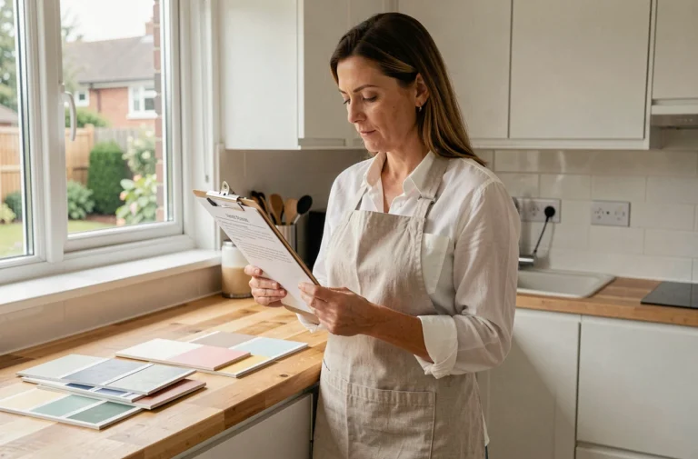 Femme consultant une liste de rénovation dans une cuisine moderne avec échantillons de matériaux