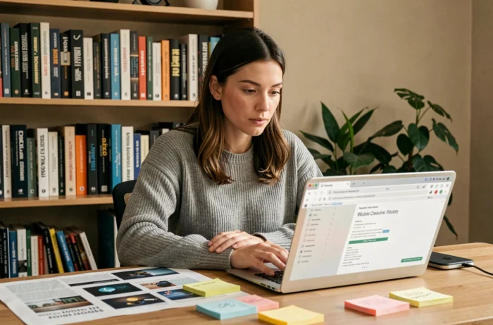 Femme consultant des ressources technologiques sur un ordinateur portable dans un bureau à domicile moderne