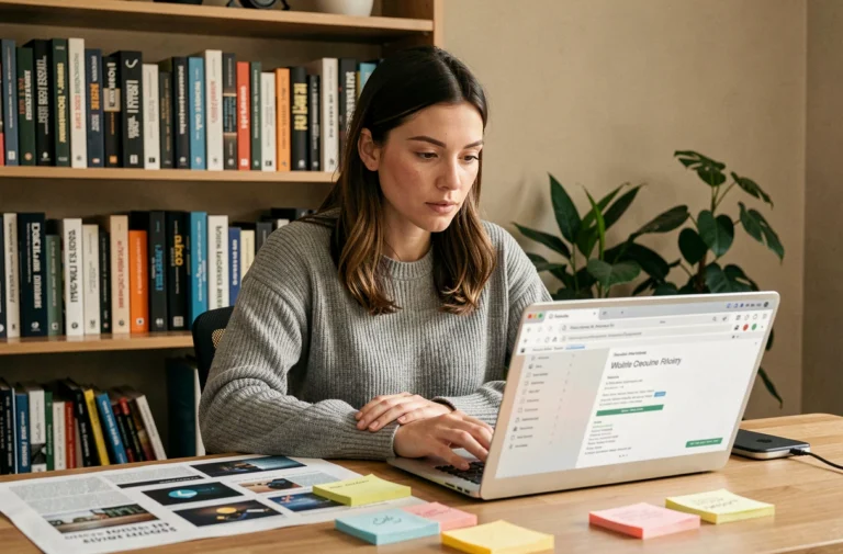 Femme consultant des ressources technologiques sur un ordinateur portable dans un bureau à domicile moderne