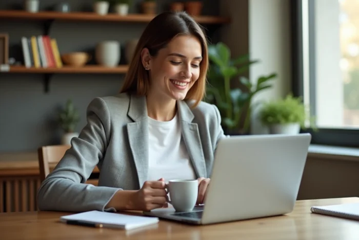 Femme consultant ses revenus de covoiturage sur un ordinateur portable à la maison via BlaBlaCar